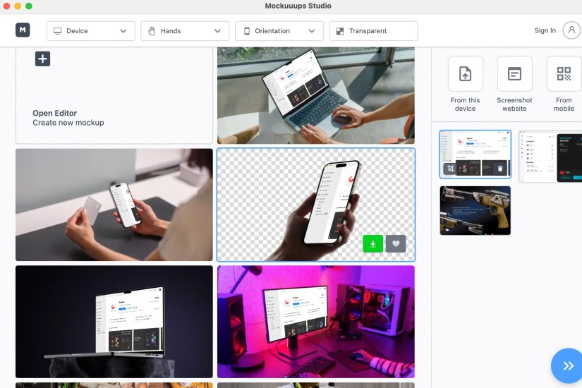 The interface for Mockup, showing an image of the Setapp page for Session superimposed on various devices.