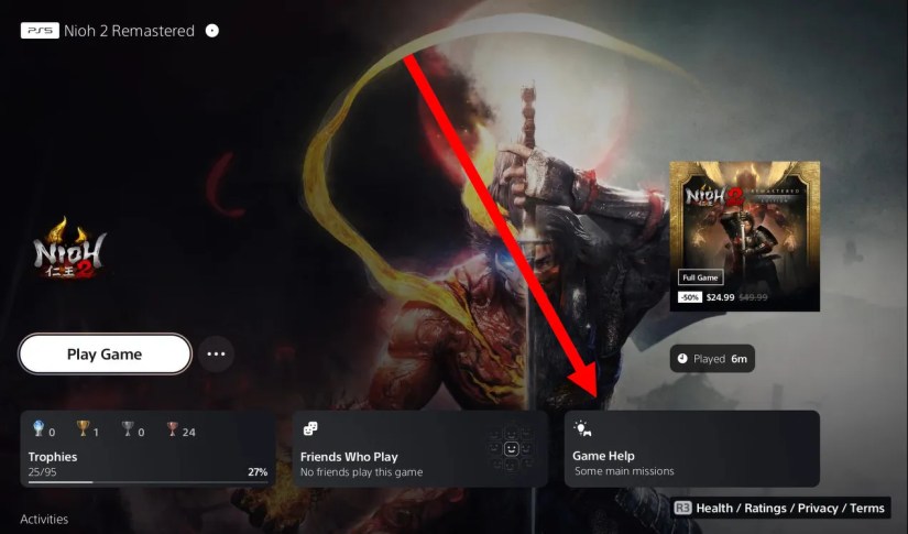 A red arrow pointing to the &ldquo;Game Help&rdquo; tab for Nioh 2 Remastered.