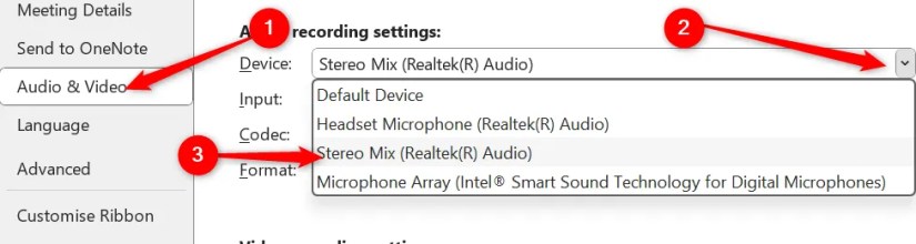 Audio settings in OneNote