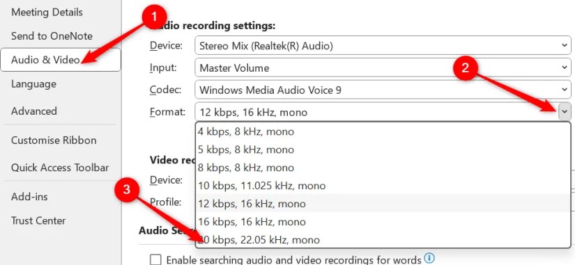 Audio settings in OneNote