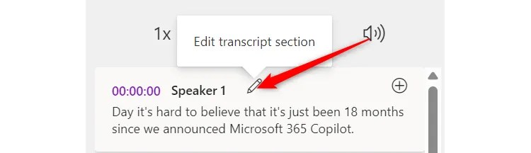 A pencil icon above a transcript in OneNote