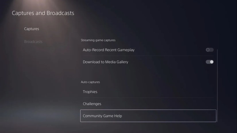 Captures and Broadcasts menu on the PS5, with &ldquo;Community Game Help&rdquo; selected.