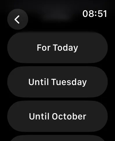 Selecting how long to pause Activity rings for on Apple Watch.
