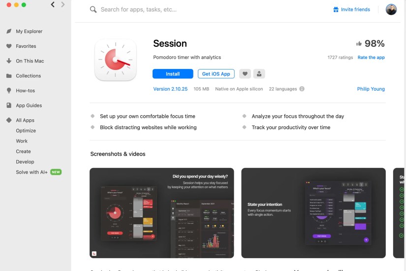 The app Session within Setapp, and the interface for downloading it for Mac or iOS.
