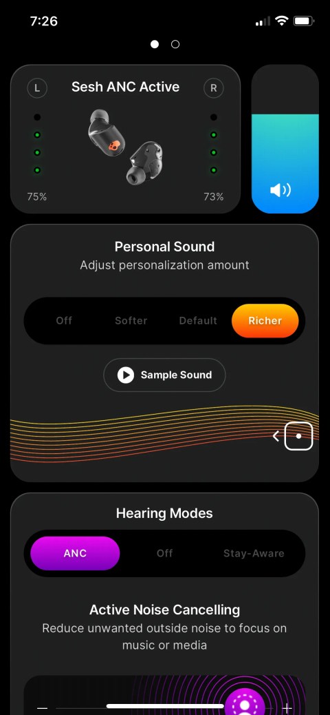 Top of the Skullcandy app&rsquo;s home page