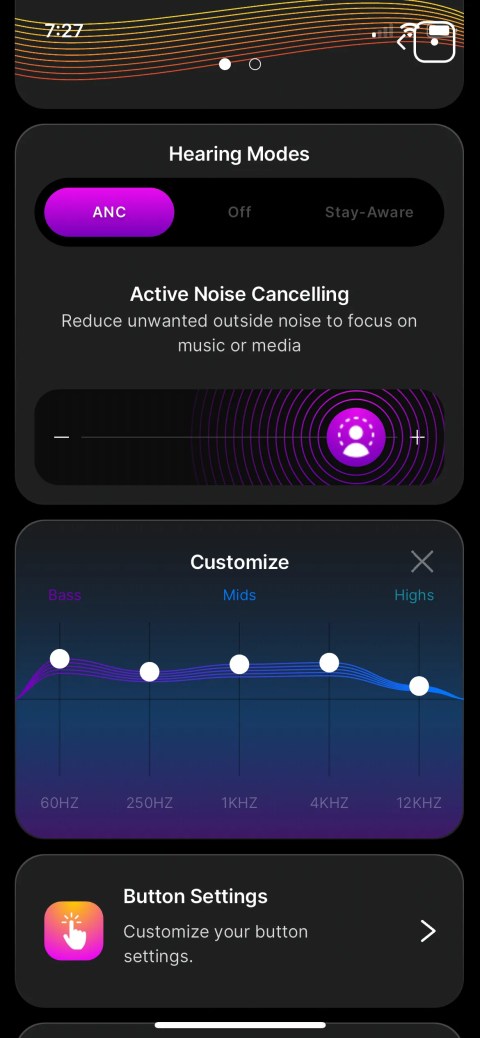 Noise cancelling controls and EQ options in the Skullcandy app