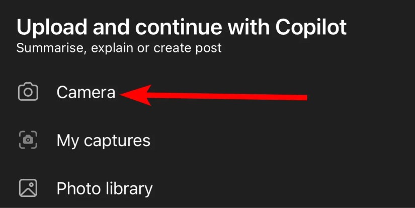 The &ldquo;Camera&rdquo; option when searching with Copilot in the Microsoft 365 app on iPhone.