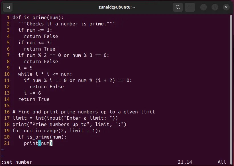 Text in Vim displayed along with line numbers.