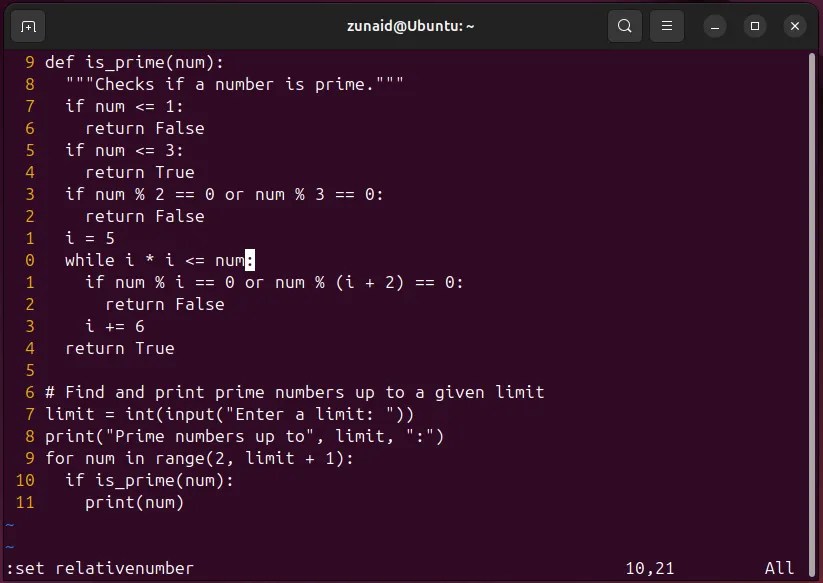 Text in Vim displayed in a relative number scheming.