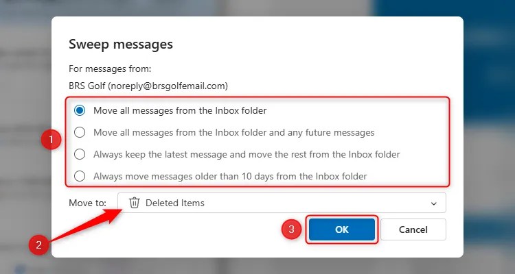The new Outlook&rsquo;s Sweep window, with the different options highlighted.