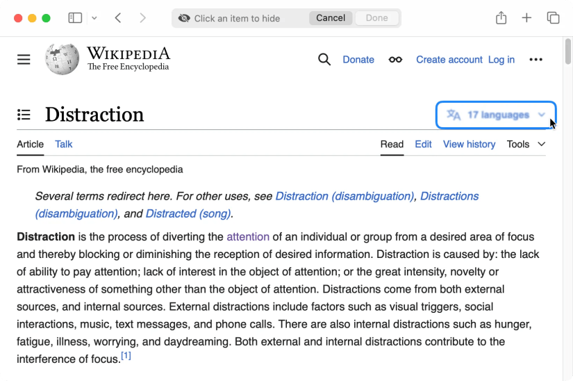 Hovering over an element on Wikipedia using Safari&rsquo;s Distraction Control.