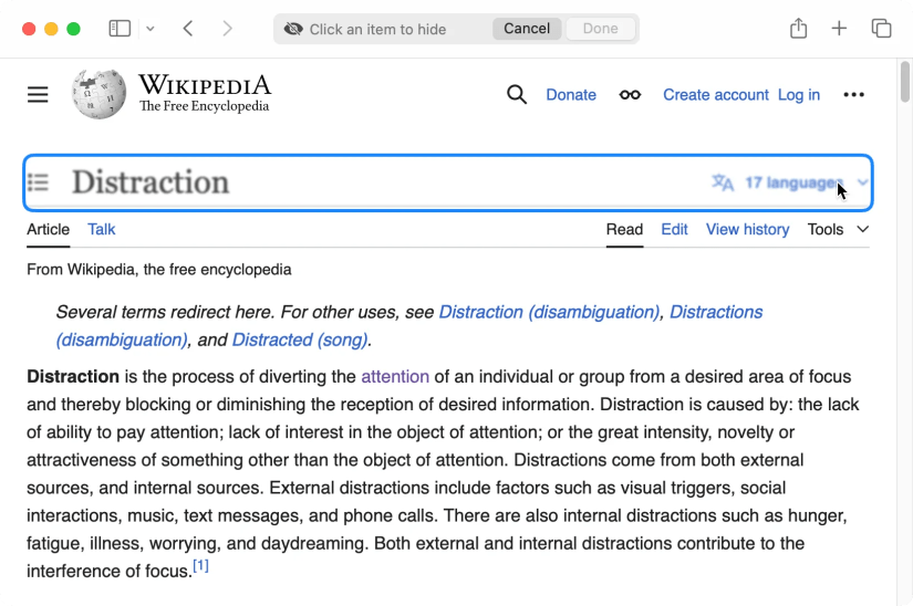 Hovering over an element on Wikipedia using Safari&rsquo;s Distraction Control.