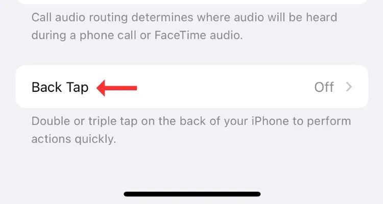 Screengrab of the Back Tap feature in iPhone 16&rsquo;s Accessibility menu.