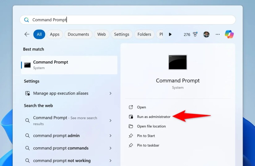 &lsquo;Run as Administrator&rsquo; highlighted for Command Prompt.