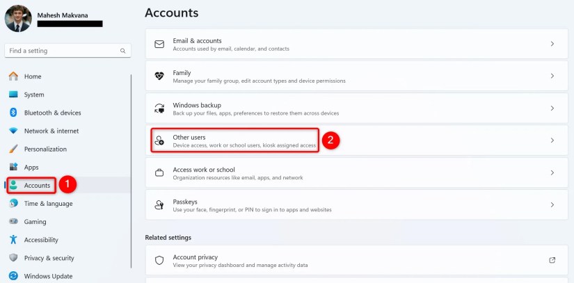 &lsquo;Accounts&rsquo; and &lsquo;Other Users&rsquo; highlighted in Settings.