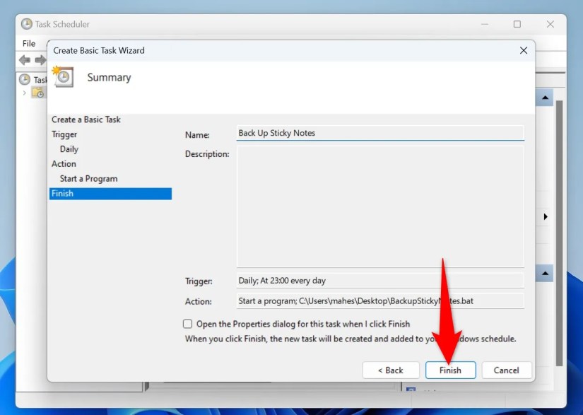 &lsquo;Finish&rsquo; highlighted in Task Scheduler.