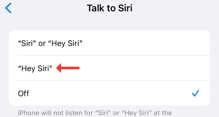 Screenshot of the Talk To Siri settings option with an arrow next to &ldquo;Hey Siri