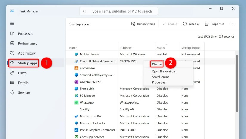 &lsquo;Startup Apps&rsquo; and &lsquo;Disable&rsquo; highlighted in Task Manager.