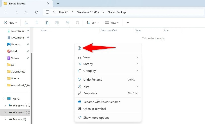 &lsquo;Paste&rsquo; highlighted in a folder in File Explorer.