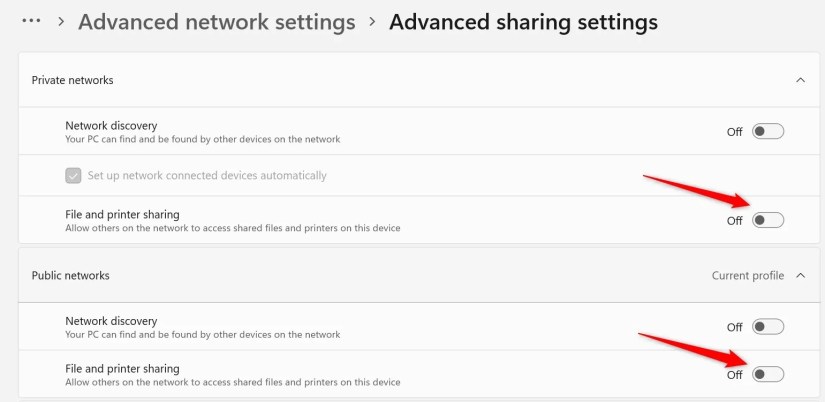 Turning off File and Printer Sharing in the Windows Settings app.