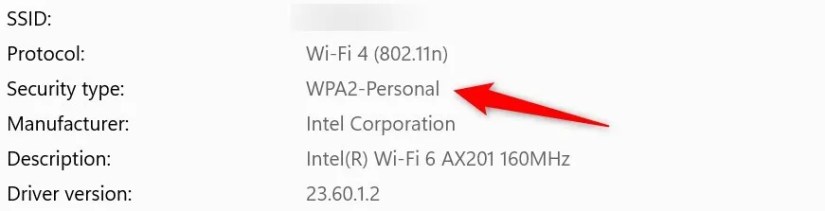 Checking the encryption type in the Settnigs app on Windows.