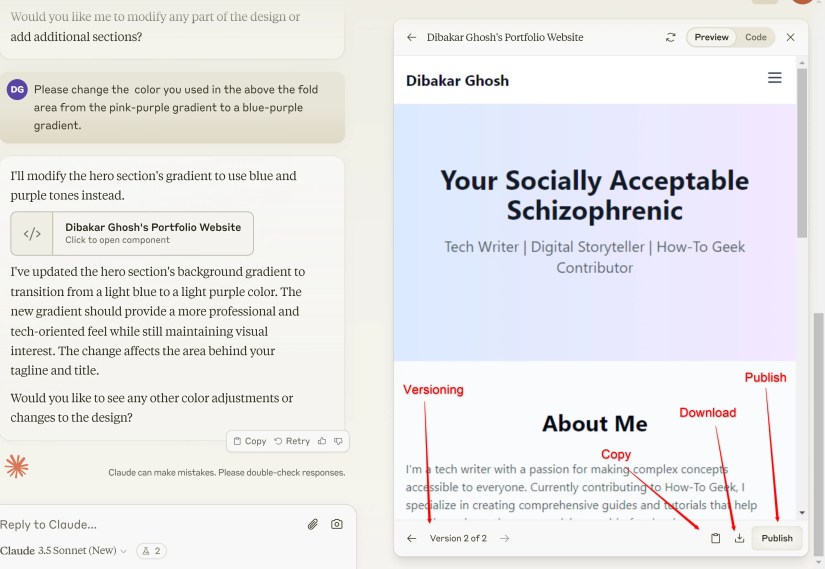 Showcasing Claude artifact options like copy, download, publish, and versioning system.