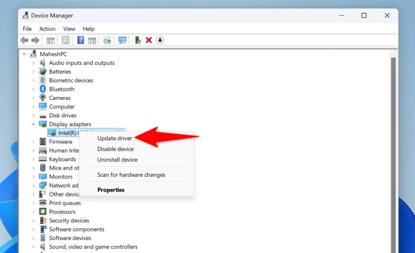 &lsquo;Update Driver&rsquo; highlighted for a graphics adapter in Device Manager.