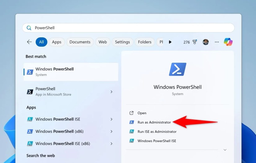 &lsquo;Run as Administrator&rsquo; highlighted for PowerShell.