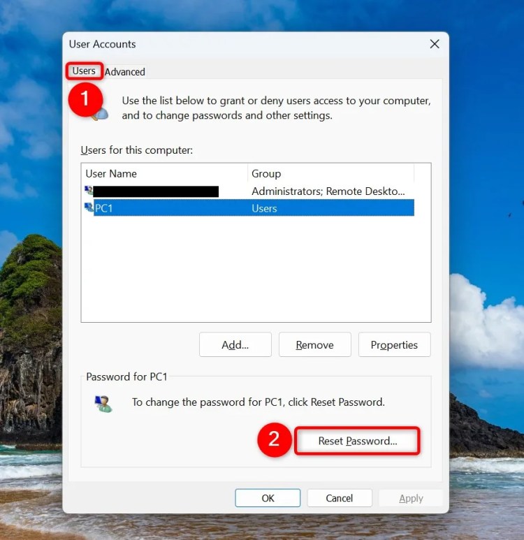 &lsquo;Users,&rsquo; a user account, and &lsquo;Reset Password&rsquo; highlighted in Netplwiz.