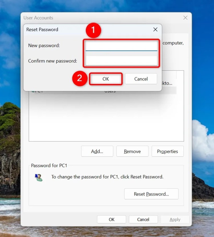 The &lsquo;Reset Password&rsquo; dialog box.
