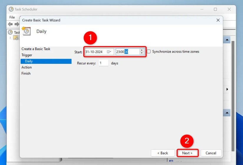 Task time and &lsquo;Next&rsquo; highlighted in Task Scheduler.