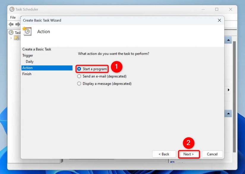 &lsquo;Start a Program&rsquo; and &lsquo;Next&rsquo; highlighted in Task Scheduler.