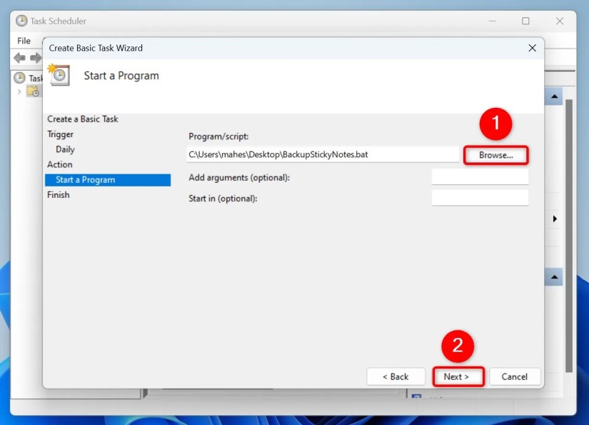 &lsquo;Browse&rsquo; and &lsquo;Next&rsquo; highlighted in Task Scheduler.