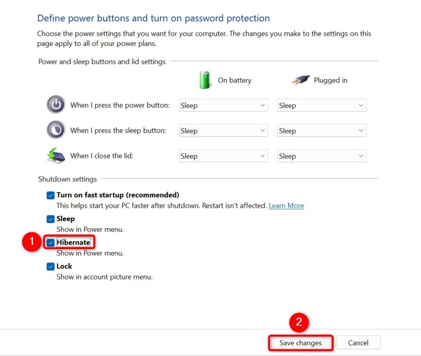 &lsquo;Hibernate&rsquo; and &lsquo;Save Changes&rsquo; highlighted in Control Panel.