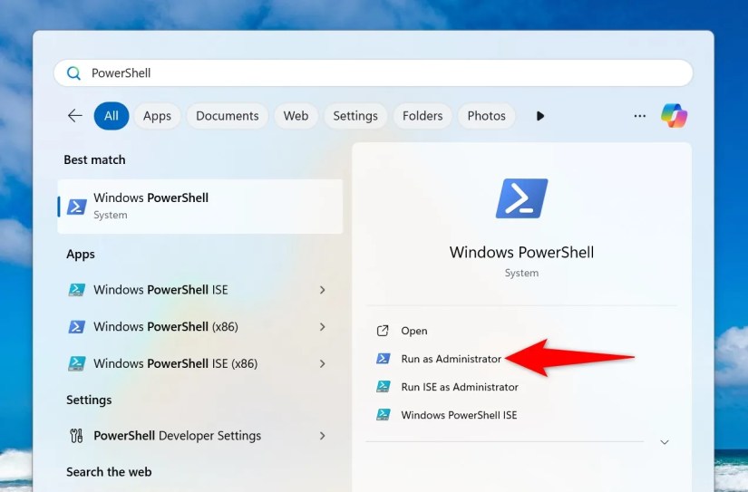 &lsquo;Run as Administrator&rsquo; highlighted for PowerShell.