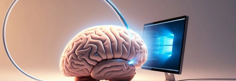 A brain connected to a computer with circuitry interfacing them together.