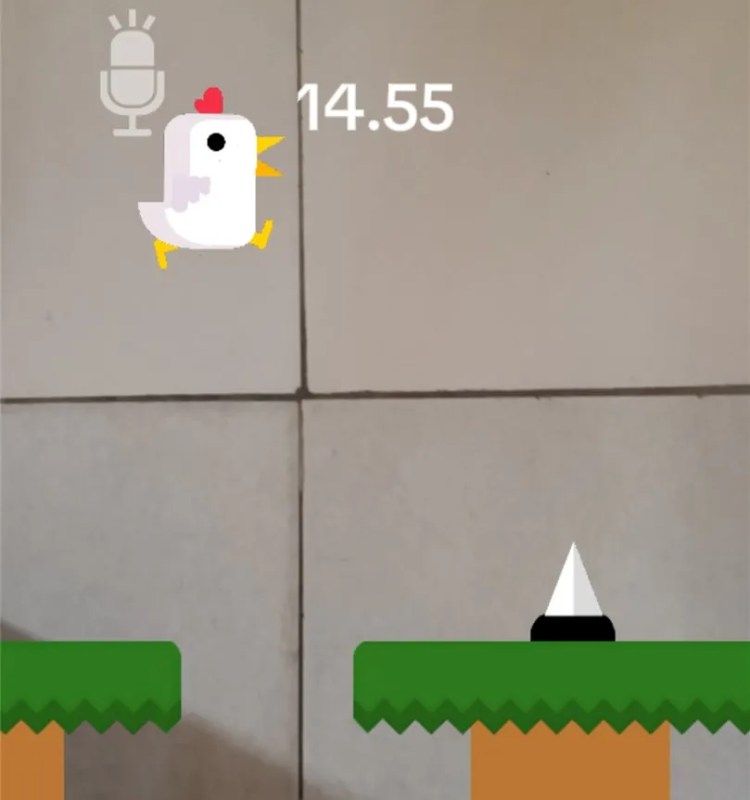 A chicken leaping across a hole