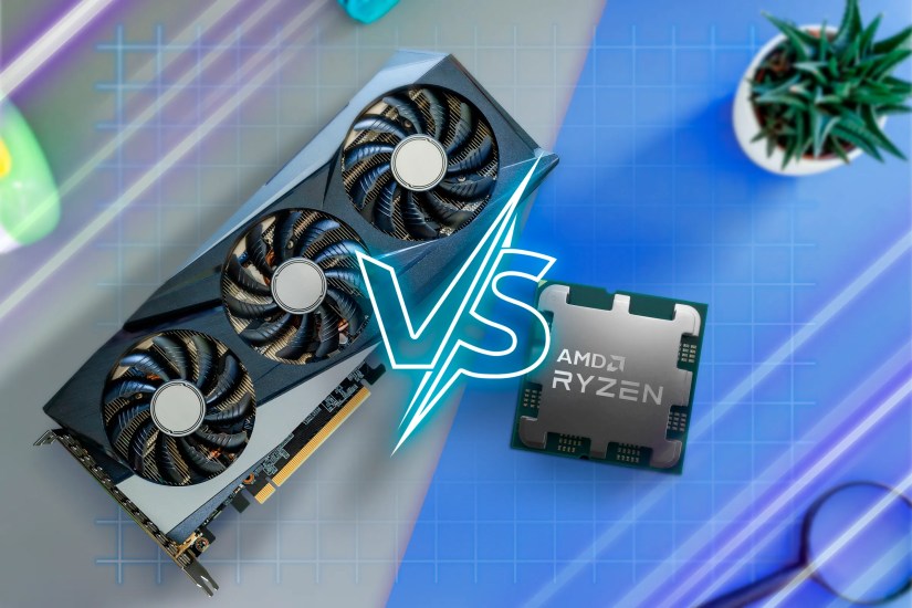A GPU and a CPU on a table with a &lsquo;vs&rsquo; between them.