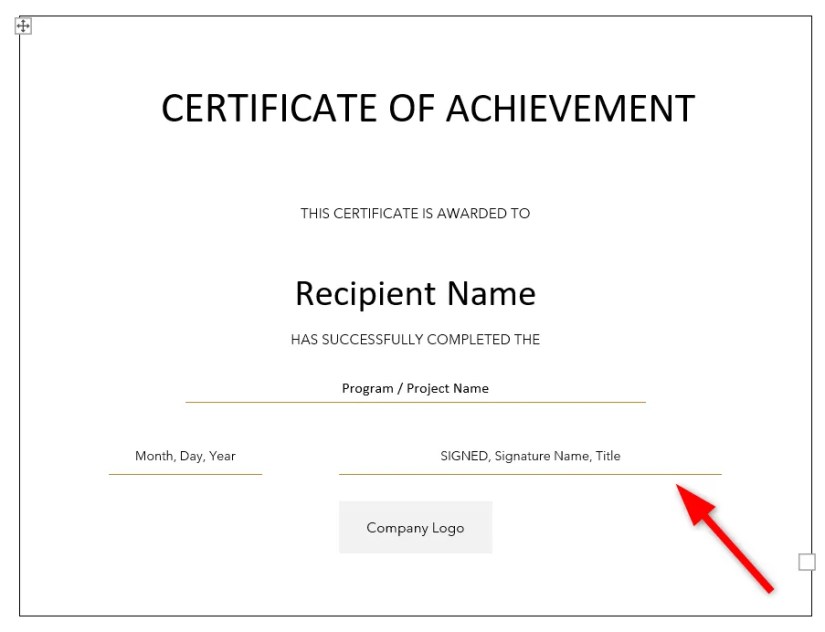 Adding signature to award certificate.