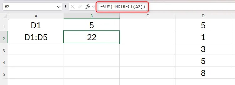 An Excel sheet with an example of the INDIRECT function embedded within the SUM function.