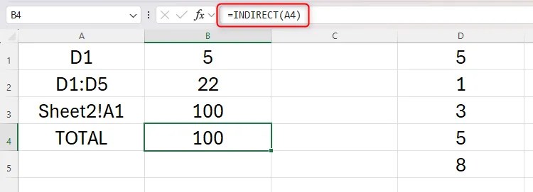 An Excel sheet with an example of the INDIRECT function used to reference a named cell.