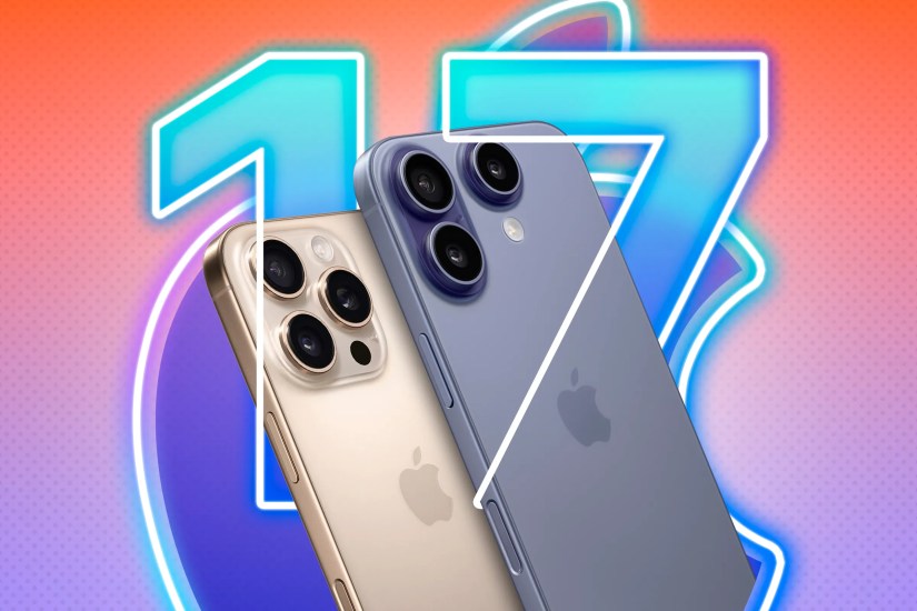 An iPhone 16 Pro and a concept design iPhone next to it with the Apple logo and &lsquo;17&rsquo; in the background.