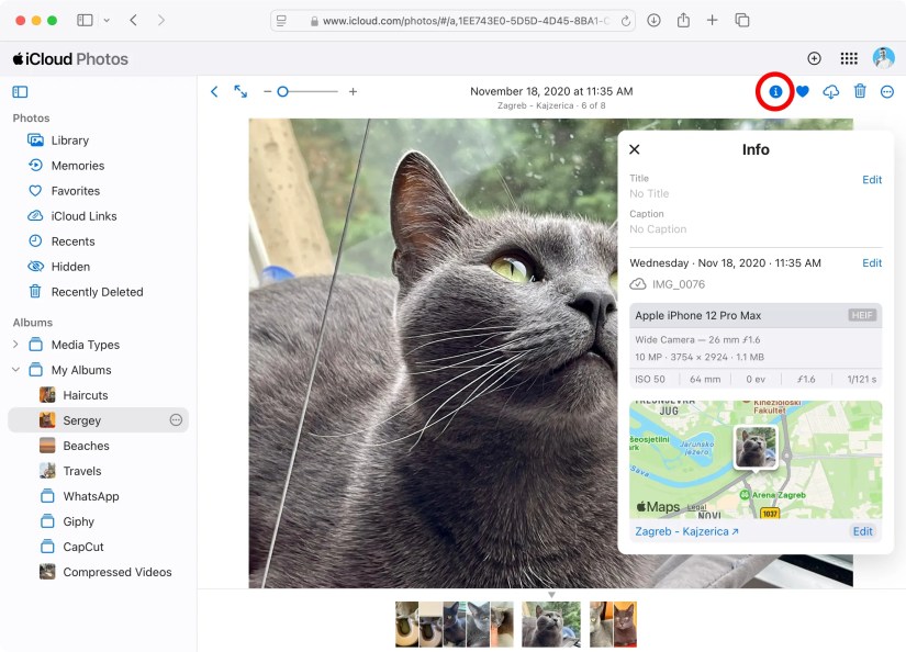 The iCloud Photos app with an Info pane showing an image&rsquo;s EXIF data like date, time, and location.