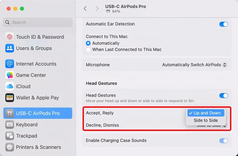 The AirPods section in macOS System Settings displaying a menu to customize the head gestures for accepting and declining calls.