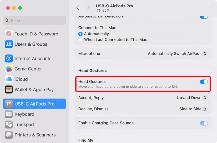 The annotated Head Gestures switch is turned on in the AirPods settings on macOS.