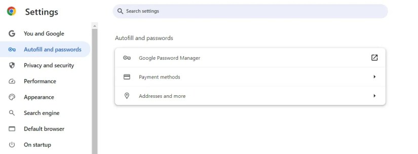 Autofill and Passwords option in Chrome.