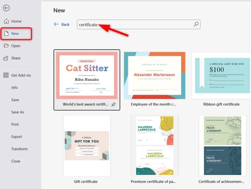 Certificate template collections in Word.