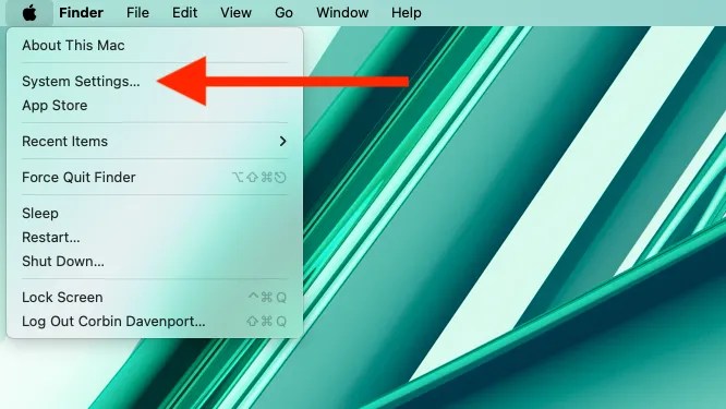 A Mac screenshot showing &ldquo;System Settings&hellip;&rdquo; highlighted.