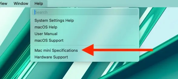 Help menu with options and an arrow pointing to &lsquo;Mac mini Specifications.'