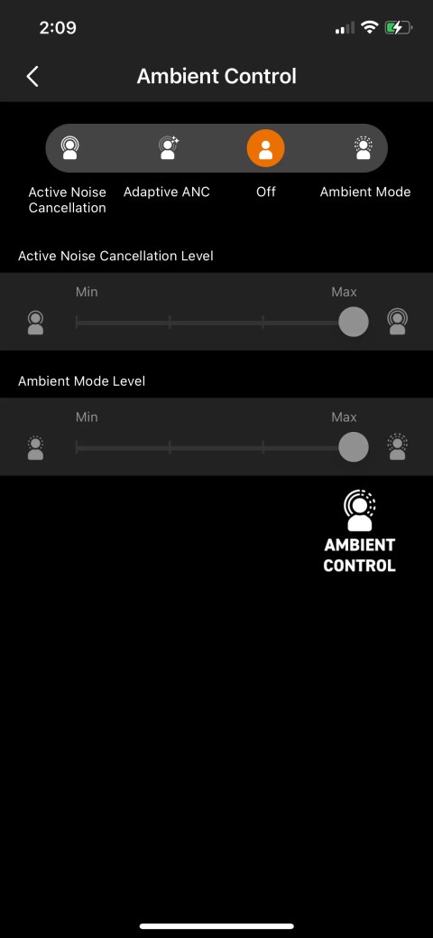 Noise cancelling controls in the Creative Labs app